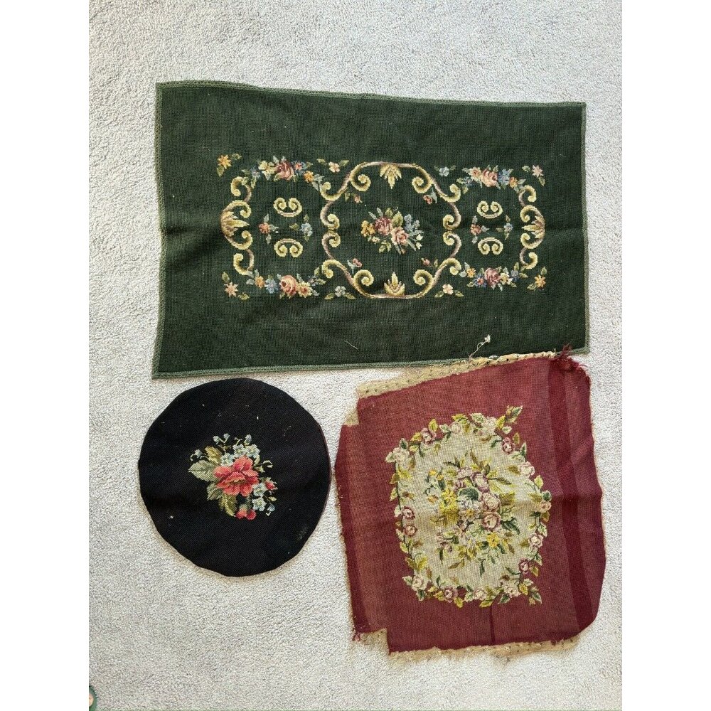 Set Of 3 Vintage Handworked Needlepoint Mat, Rug, Footrest Multicolor Read